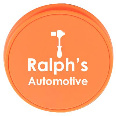 Plastic orange phone grip with a personalized imprint.