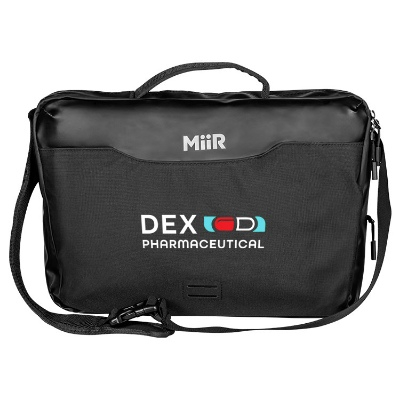 Black messenger bag with handle and full-color logo.