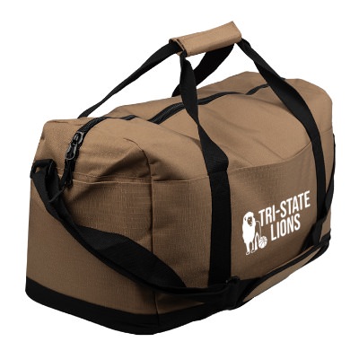 Tan duffel bag with personalized white imprint.