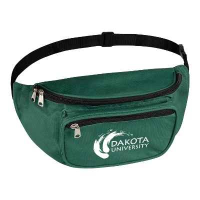 Green zippered fanny pack with custom imprint.