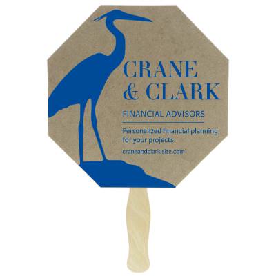 Paper brown hand fan with a personalized imprint.