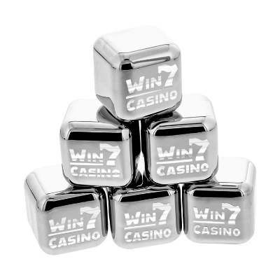 Stainless ice cube with custom logo.