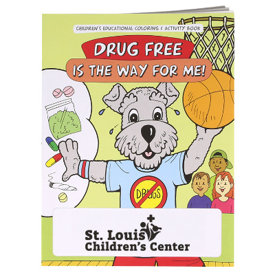 Multicolored paper coloring book with a custom imprint.