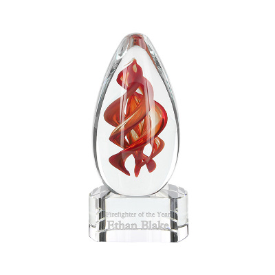 Glass award with custom laser engraved imprint.