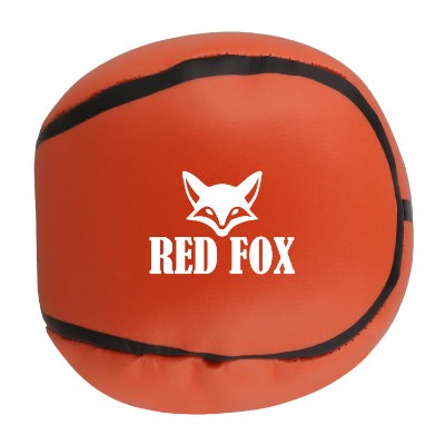 Orange vinyl sports ball with a custom logo.