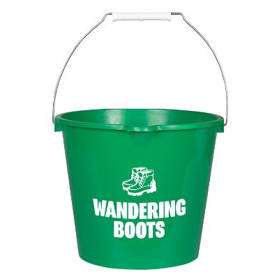White bucket with assorted sponges and polishing cloth car wash kit with custom promotional logo.