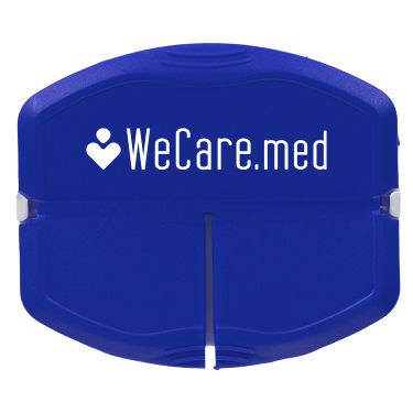 Blue plastic pill box with a custom imprint.