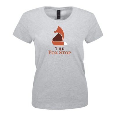 Heather grey ladies' tee with custom full color imprint.