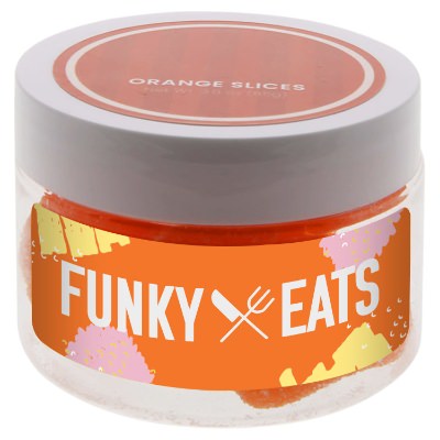 Clear plastic jar with a personalized logo.
