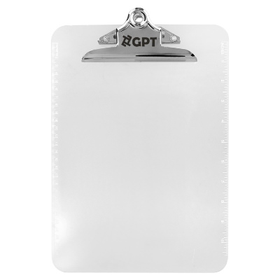 White plastic clipboard with a personalized imprint.
