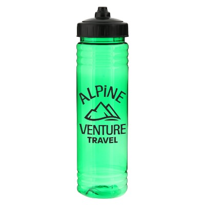 Plastic blue sports bottle with snap lid and custom branding in 24 oz.