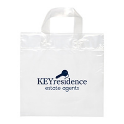 Plastic clear soft loop recyclable bag with imprint.
