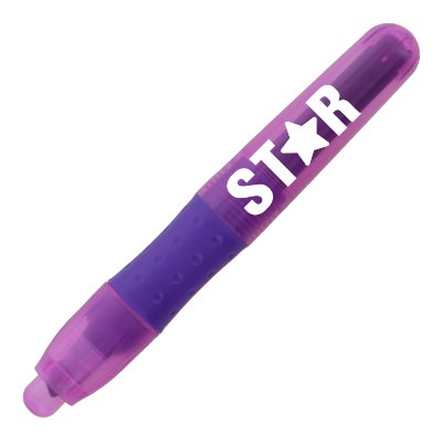 Purple plastic highlighter with a branded imprint