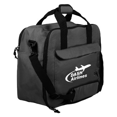 Gray duffle bag with pocket and white imprint.
