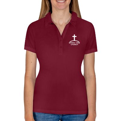 Custom imprint on ladies' maroon polo.