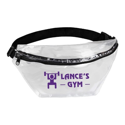 Customized clear fanny pack with purple imprint.