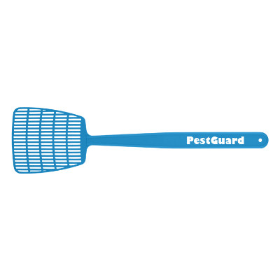 Blue plastic fly swatter with a personalized logo.