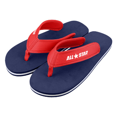 Navy blue and white flip flops with red straps and a custom logo.