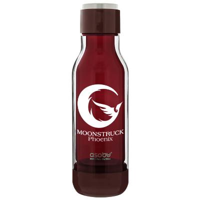Plastic burgundy sports bottle with custom imprint.