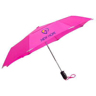 Pink shed rain walksafe vented auto open-close compact umbrella with custom full color logo.
