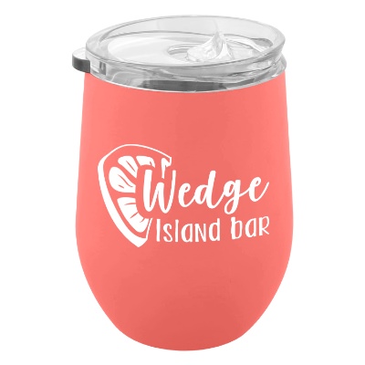 Coral wine tumbler with custom logo.