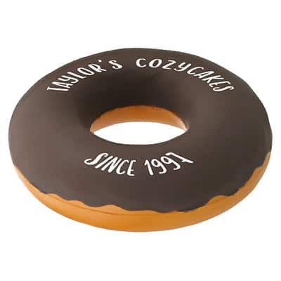 Foam chocolate icing donut stress ball with a custom imprinted logo.