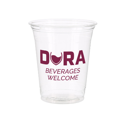PET plastic clear soft sided cup with custom branding in 14 ounces.