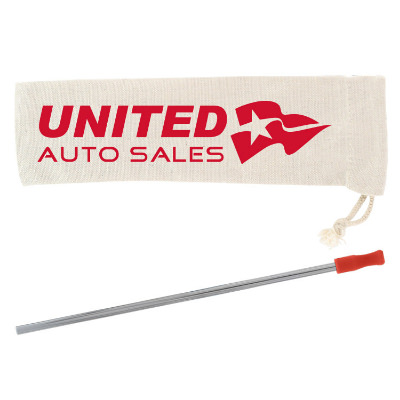 Custom red stainless steel straw with cotton pouch.