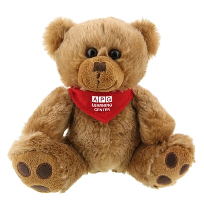 Plush and cotton brown bear with red bandana with personalized logo.