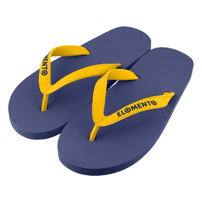 Navy flip flops with yellow straps and custom logo.