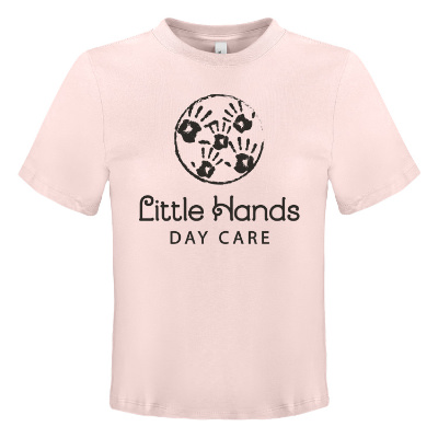 Soft pink tee with custom logo.