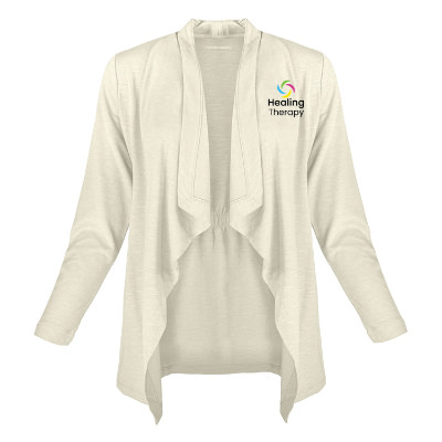Cream cardigan with custom full color imprint.