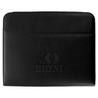 Black leather binder with a custom imprint.