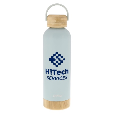 Stainless light blue water bottle with custom logo.