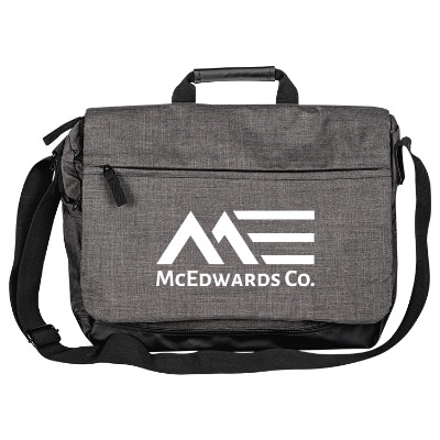 Personalized gray with black accented messenger bag.