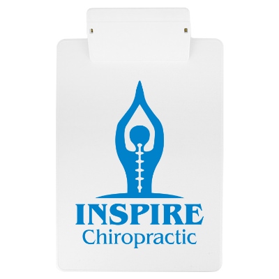 White polystyrene clipboard with a branded logo.