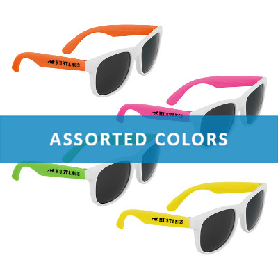 Assorted plastic sunglasses with a custom imprint.