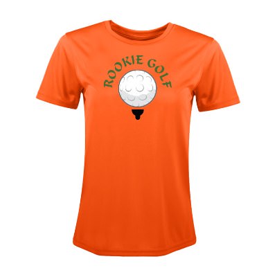 Orange womens t-shirt with custom full color logo.