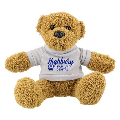 Plush and cotton bear with heather gray shirt with custom imprint.