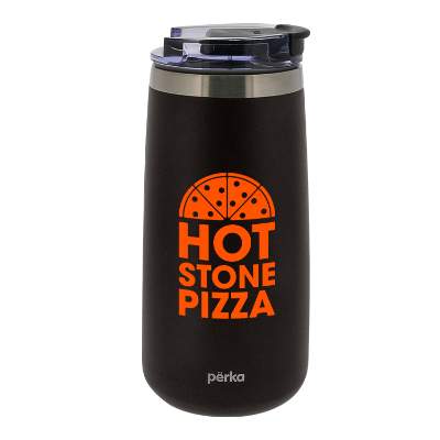Black tumbler with orange imprint.