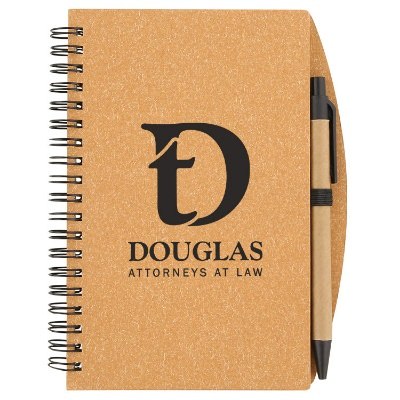 Paper olive speckle notebook with pen and promotional imprint.