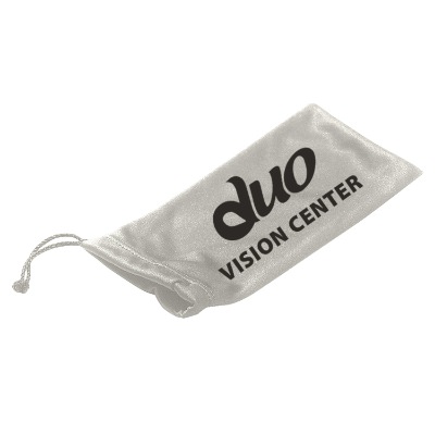 Microfiber gray sunglasses pouch with drawstring with branded logo.