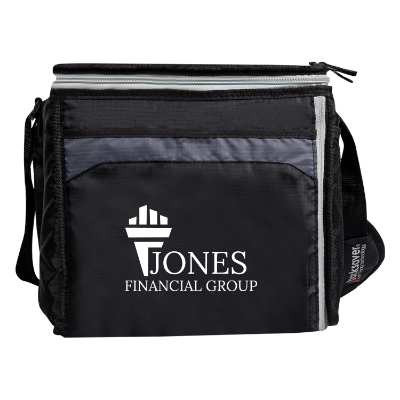 Black and gray cooler with custom logo.