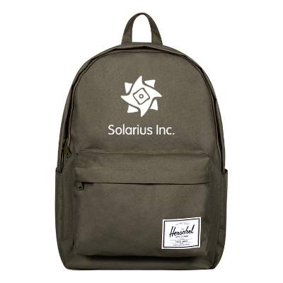 Recycled polyester forest backpack with personalized logo.