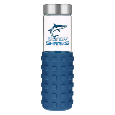 Glass bottle with navy silicone sleeve and custom imprint with elevated ink in 20 oz.