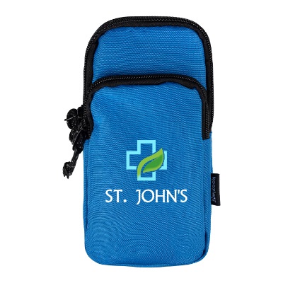 Royal blue water bottle pouch with personalized full-color imprint.