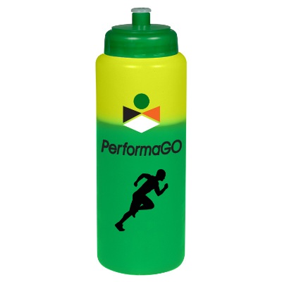 Plastic frosted to orange mood water bottle printed with logo in 32 ounces.