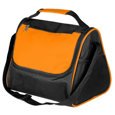 Blank orange polyester with PEVA lining triangle lunch bag.