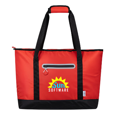 Red polyester cooler with a personalized imprint.