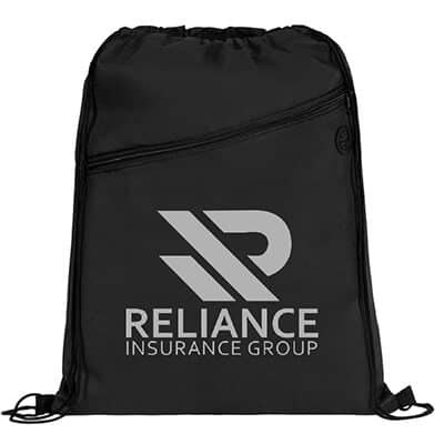 Polypropylene black bag with custom imprint, front zipper pocket and built-in-slot for earbuds.